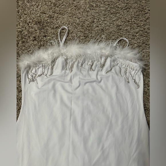 TINY STRAP MINI BODYCON DRESS WITH FEATHERS AND SILVER TRIMMINGS. NWOT - Picture 8 of 10